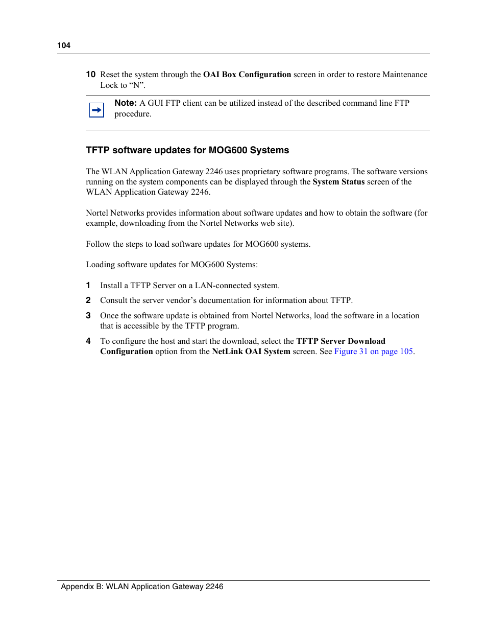 Tftp software updates for mog600 systems | Nortel Networks MOG6xx User Manual | Page 104 / 120