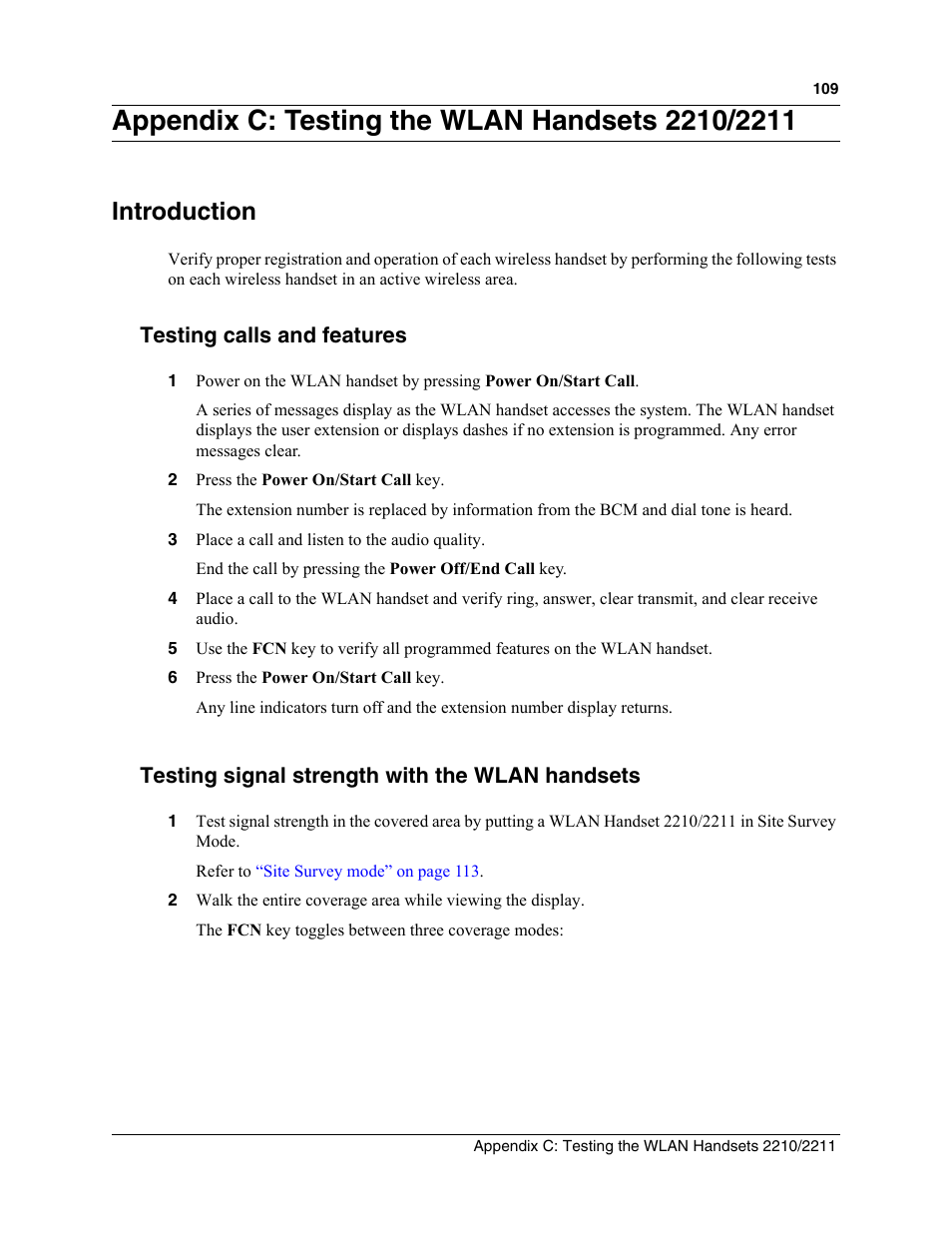 Appendix c: testing the wlan handsets 2210/2211, Introduction, Testing calls and features | Testing signal strength with the wlan handsets | Nortel Networks MOG6xx User Manual | Page 109 / 120