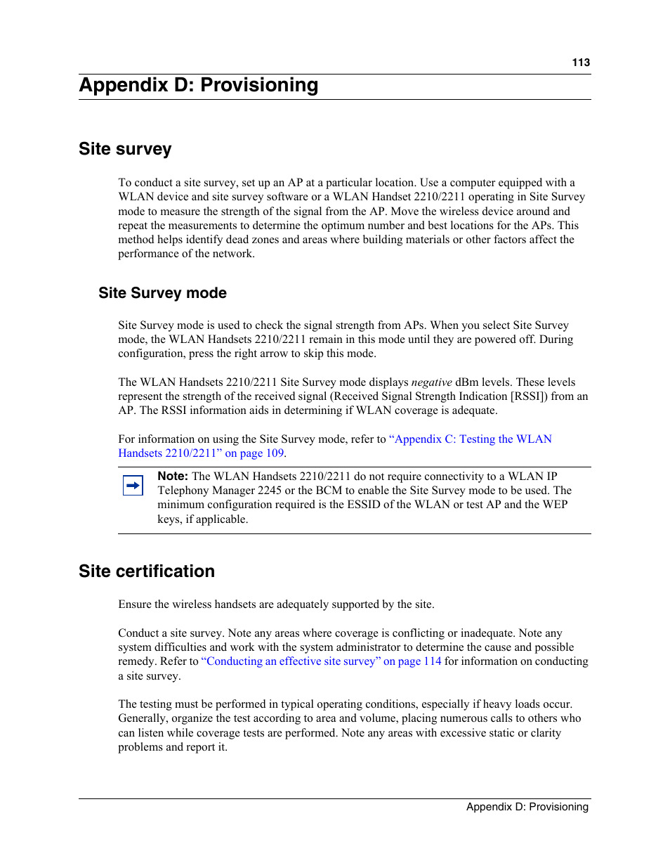 Appendix d: provisioning, Site survey, Site survey mode | Site certification, G. see, Survey. refer to, Information, refer to | Nortel Networks MOG6xx User Manual | Page 113 / 120