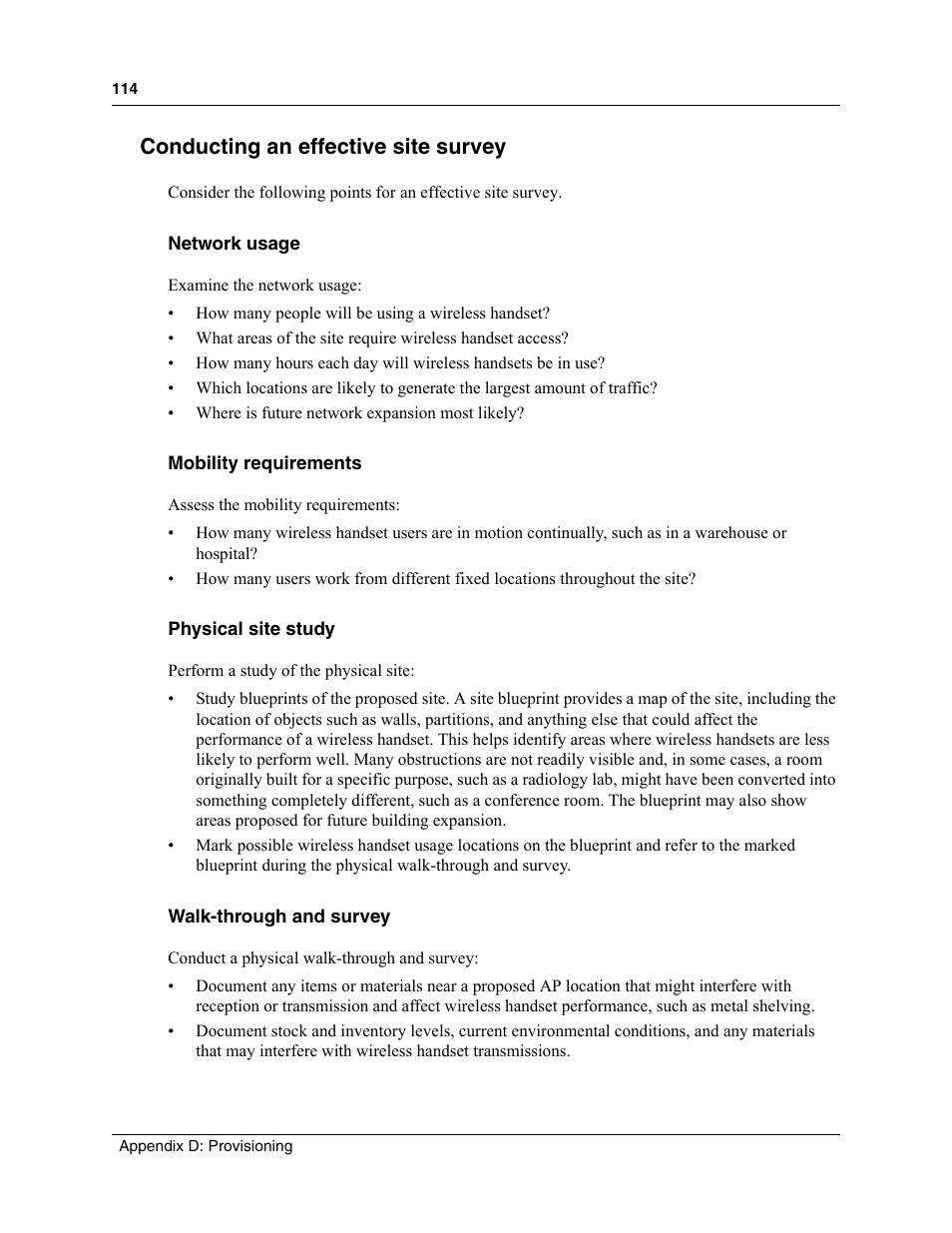 Conducting an effective site survey, Network usage, Mobility requirements | Physical site study, Walk-through and survey | Nortel Networks MOG6xx User Manual | Page 114 / 120