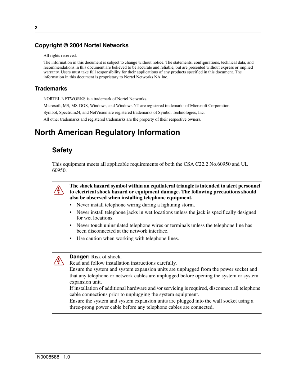 North american regulatory information, Safety | Nortel Networks MOG6xx User Manual | Page 2 / 120