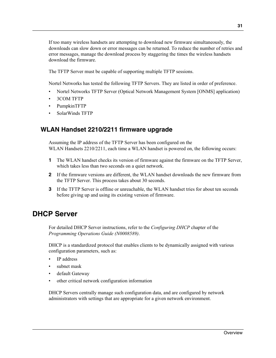 Wlan handset 2210/2211 firmware upgrade, Dhcp server | Nortel Networks MOG6xx User Manual | Page 31 / 120