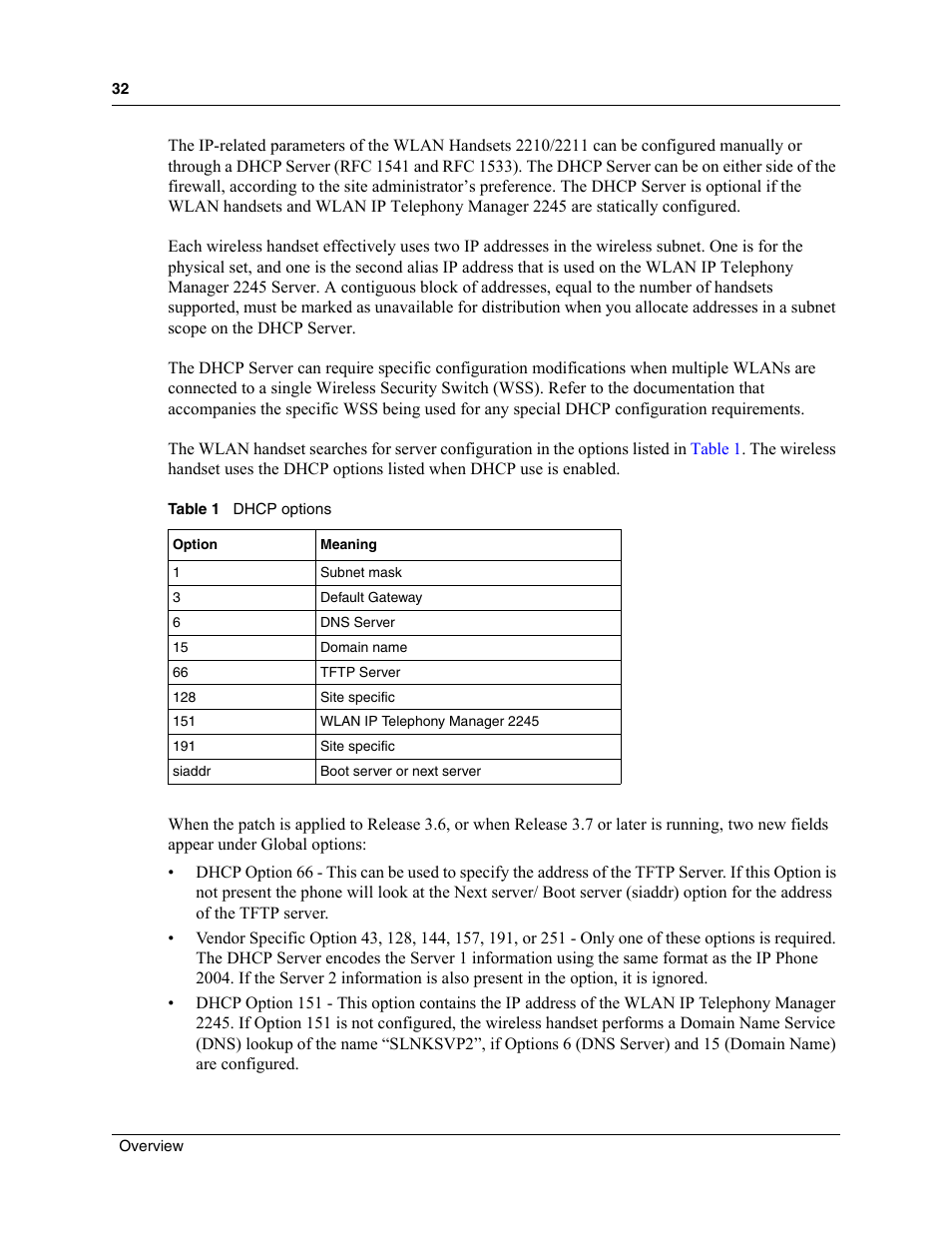 Table 1, Dhcp options | Nortel Networks MOG6xx User Manual | Page 32 / 120