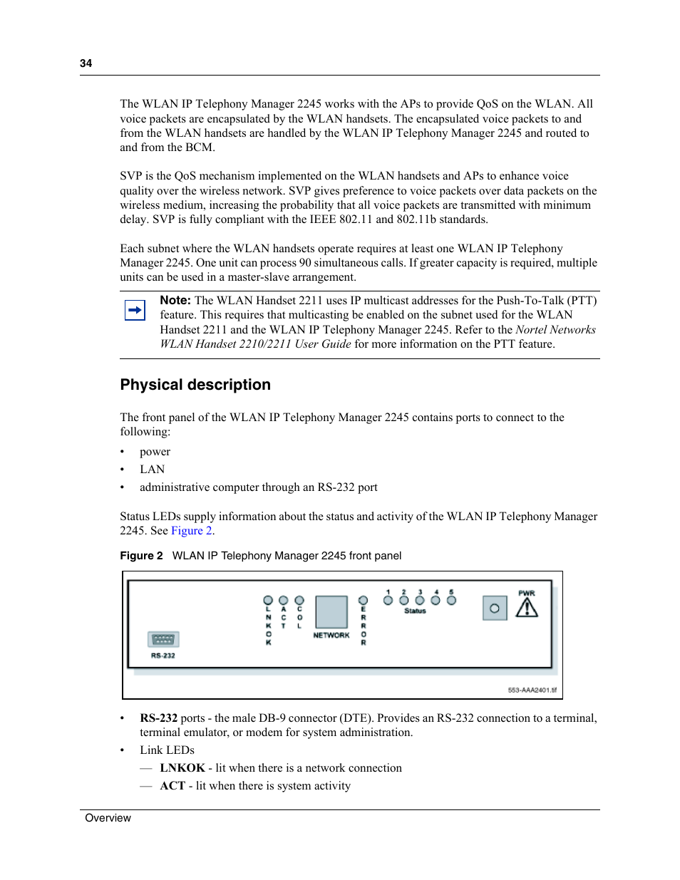 Figure 2, Wlan ip telephony manager 2245 front panel, Physical description | Nortel Networks MOG6xx User Manual | Page 34 / 120