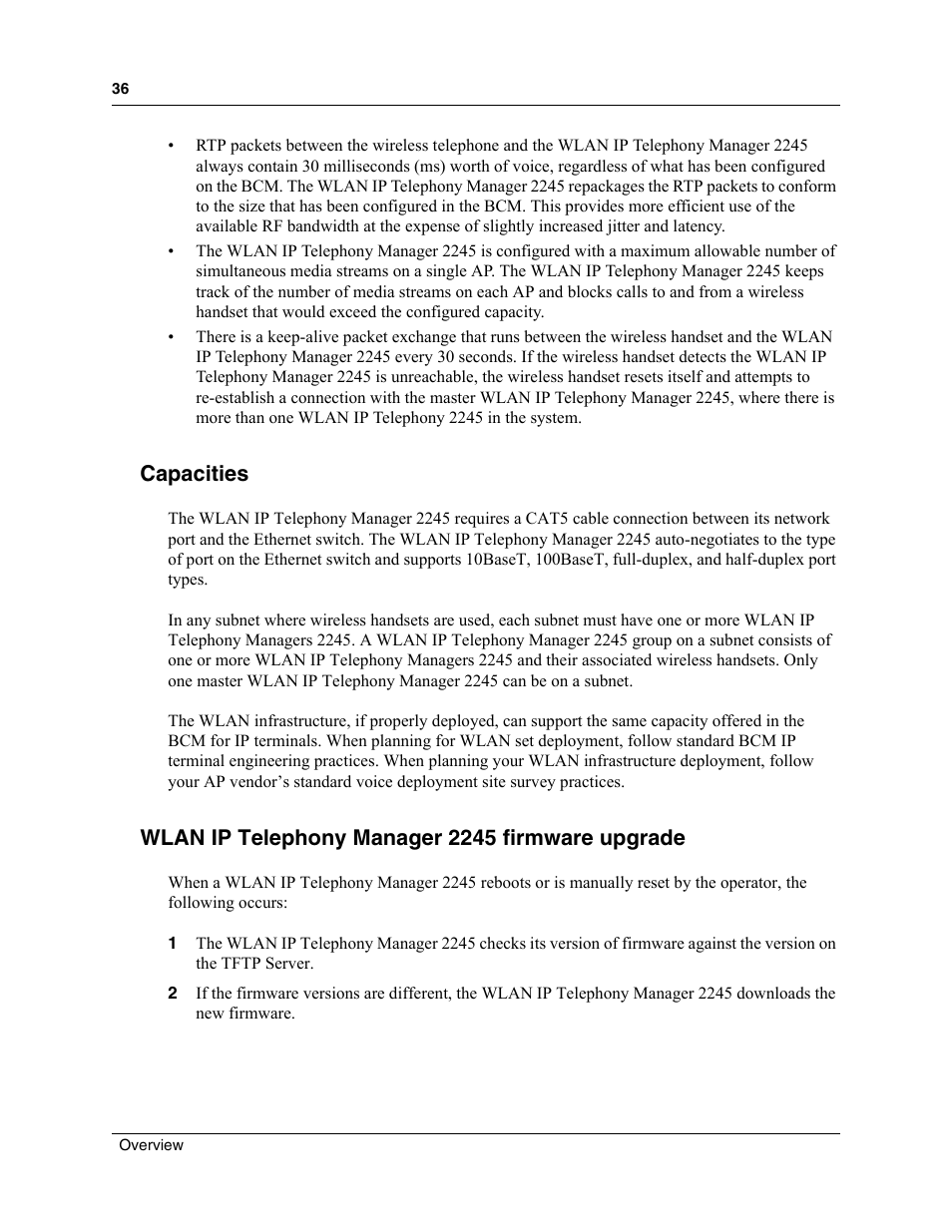 Capacities, Wlan ip telephony manager 2245 firmware upgrade | Nortel Networks MOG6xx User Manual | Page 36 / 120