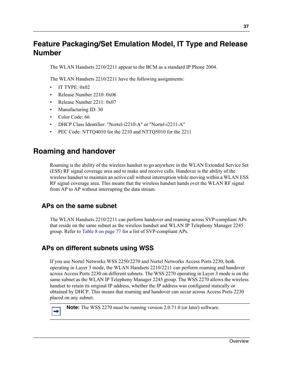 Roaming and handover, Aps on the same subnet, Aps on different subnets using wss | Nortel Networks MOG6xx User Manual | Page 37 / 120