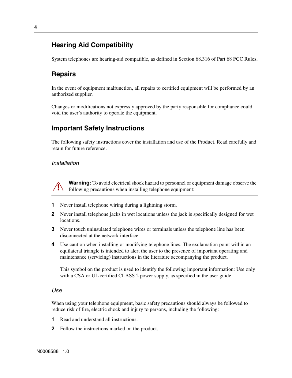Hearing aid compatibility, Repairs, Important safety instructions | Nortel Networks MOG6xx User Manual | Page 4 / 120
