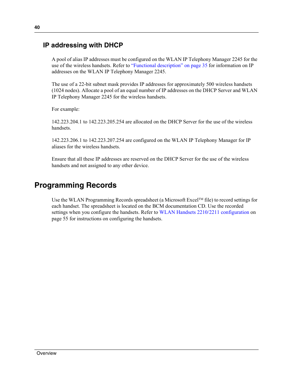 Ip addressing with dhcp, Programming records | Nortel Networks MOG6xx User Manual | Page 40 / 120
