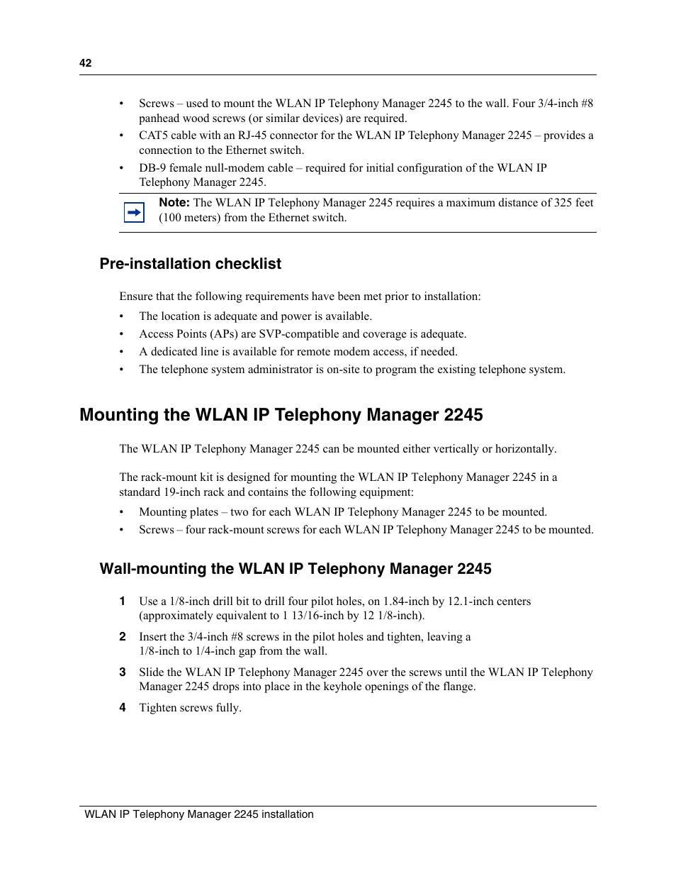Pre-installation checklist, Mounting the wlan ip telephony manager 2245, Wall-mounting the wlan ip telephony manager 2245 | Mounting the wlan ip telephony | Nortel Networks MOG6xx User Manual | Page 42 / 120