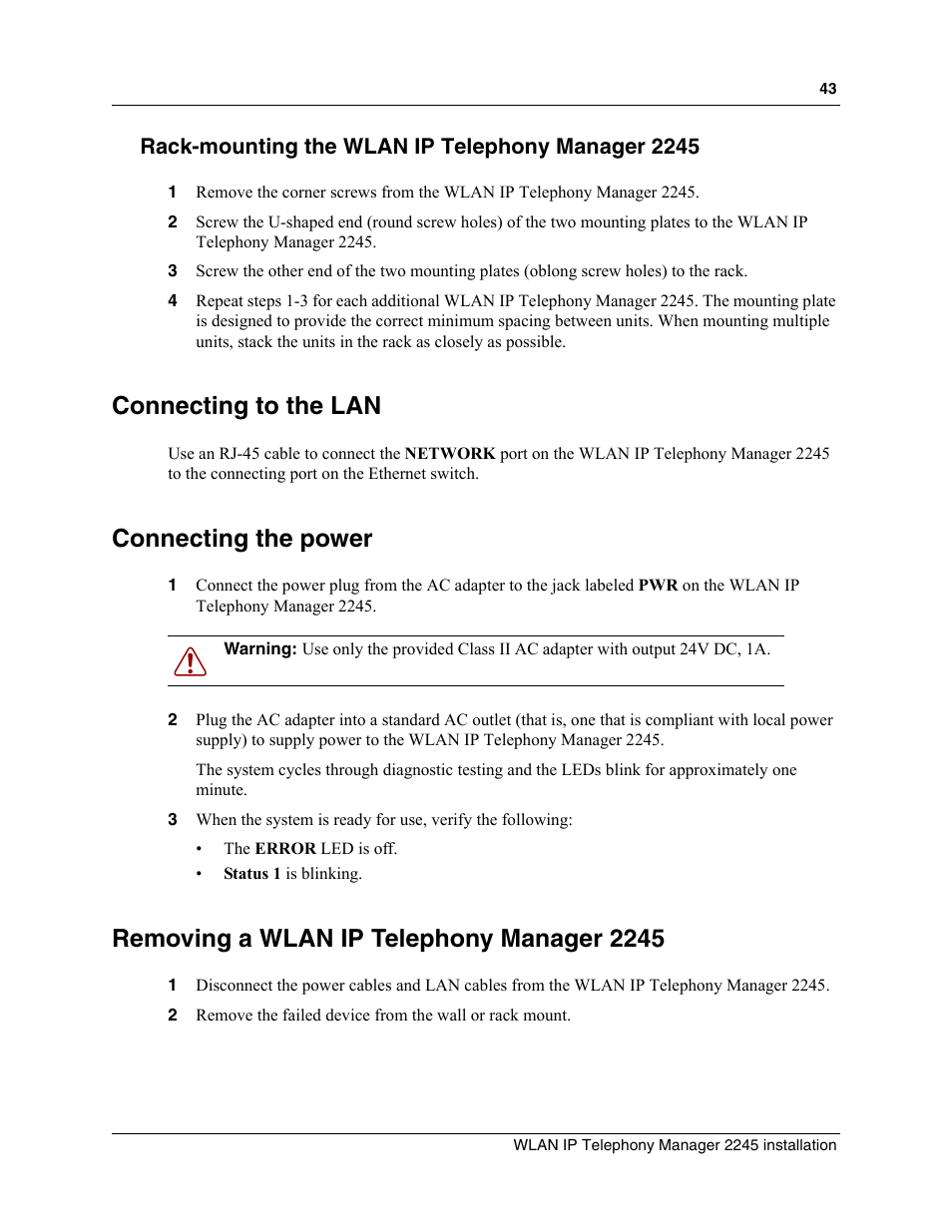 Rack-mounting the wlan ip telephony manager 2245, Connecting to the lan, Connecting the power | Removing a wlan ip telephony manager 2245 | Nortel Networks MOG6xx User Manual | Page 43 / 120