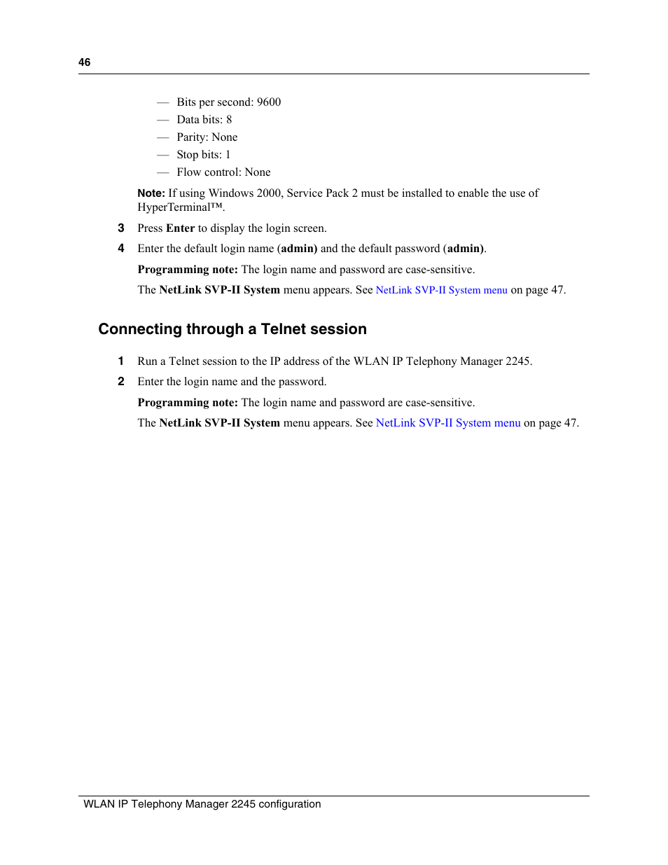 Connecting through a telnet session | Nortel Networks MOG6xx User Manual | Page 46 / 120