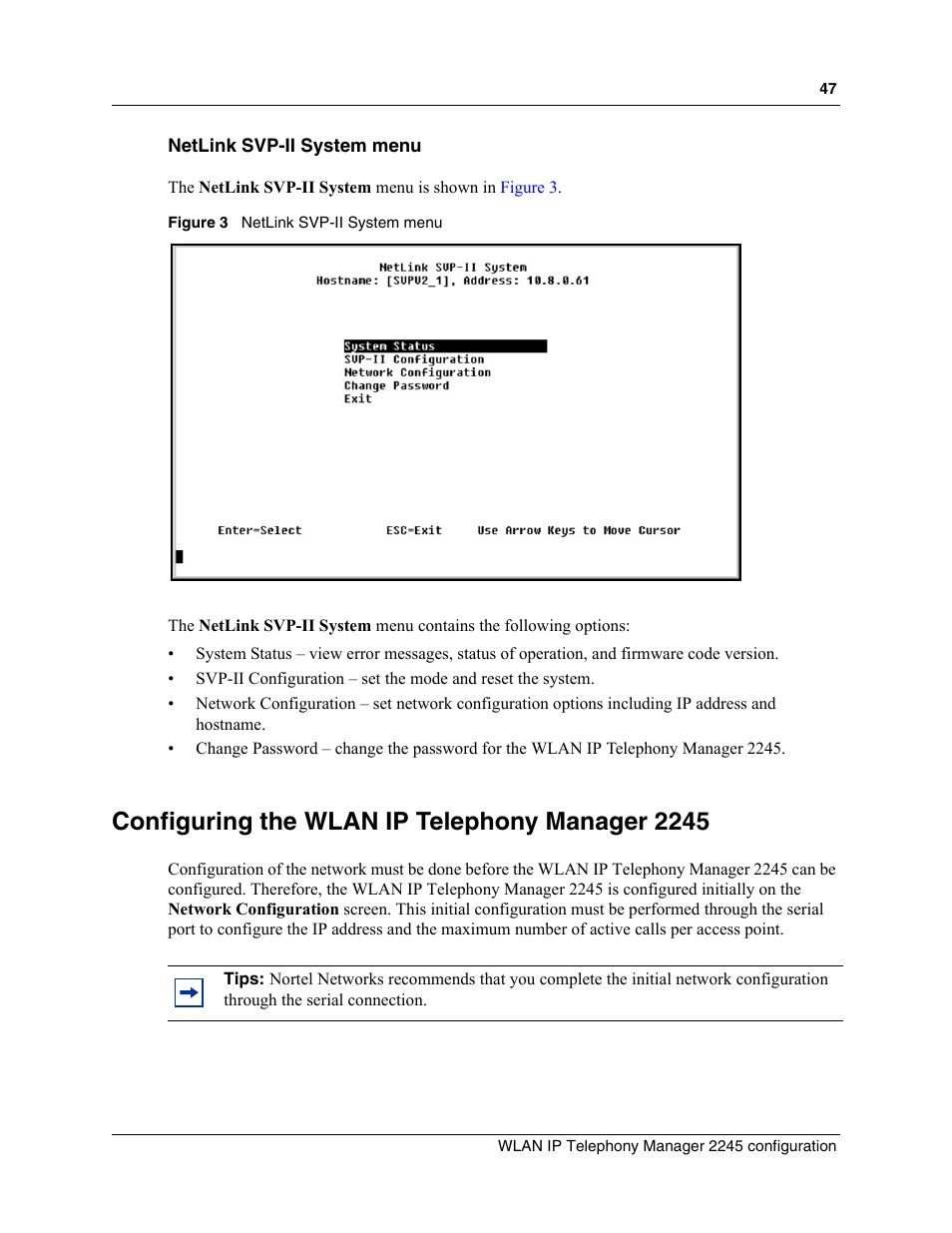 Netlink svp-ii system menu, Configuring the wlan ip telephony manager 2245, Figure 3 | Configuring the wlan ip telephony, Pears. see | Nortel Networks MOG6xx User Manual | Page 47 / 120