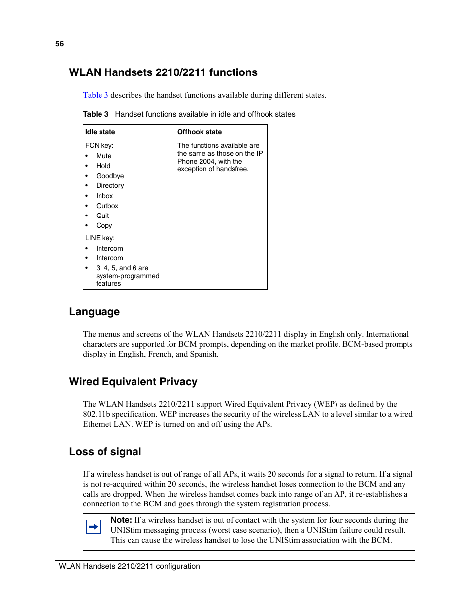 Wlan handsets 2210/2211 functions, Language, Wired equivalent privacy | Loss of signal, Table 3 | Nortel Networks MOG6xx User Manual | Page 56 / 120