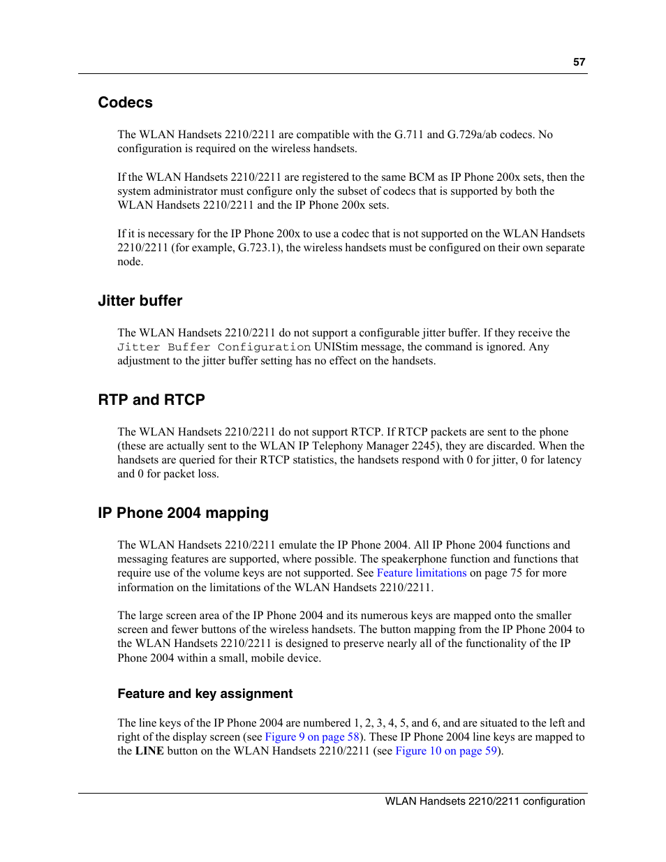 Codecs, Jitter buffer, Rtp and rtcp | Ip phone 2004 mapping, Feature and key assignment | Nortel Networks MOG6xx User Manual | Page 57 / 120