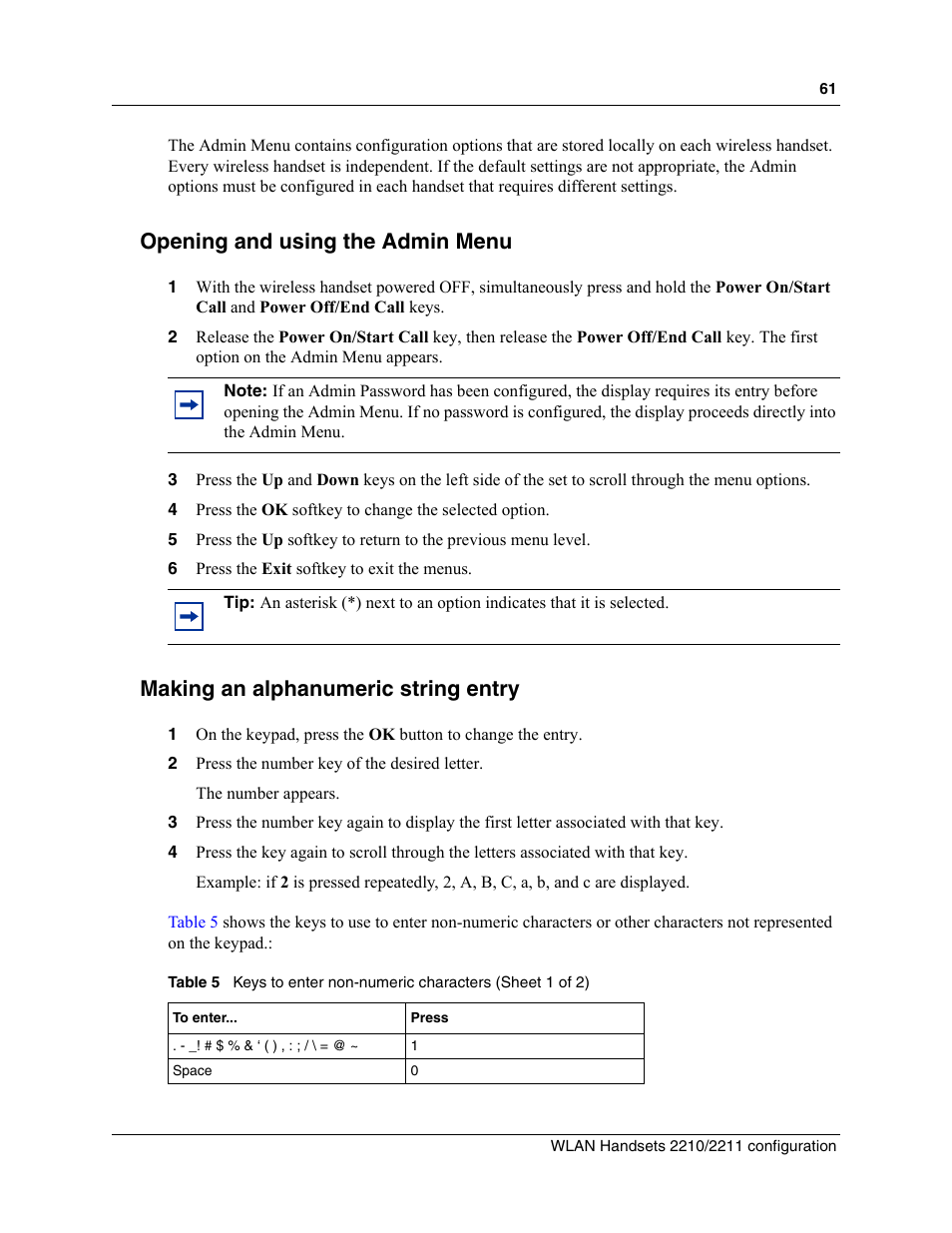 Opening and using the admin menu, Making an alphanumeric string entry, Table 5 | Keys to enter non-numeric characters, Refer to | Nortel Networks MOG6xx User Manual | Page 61 / 120