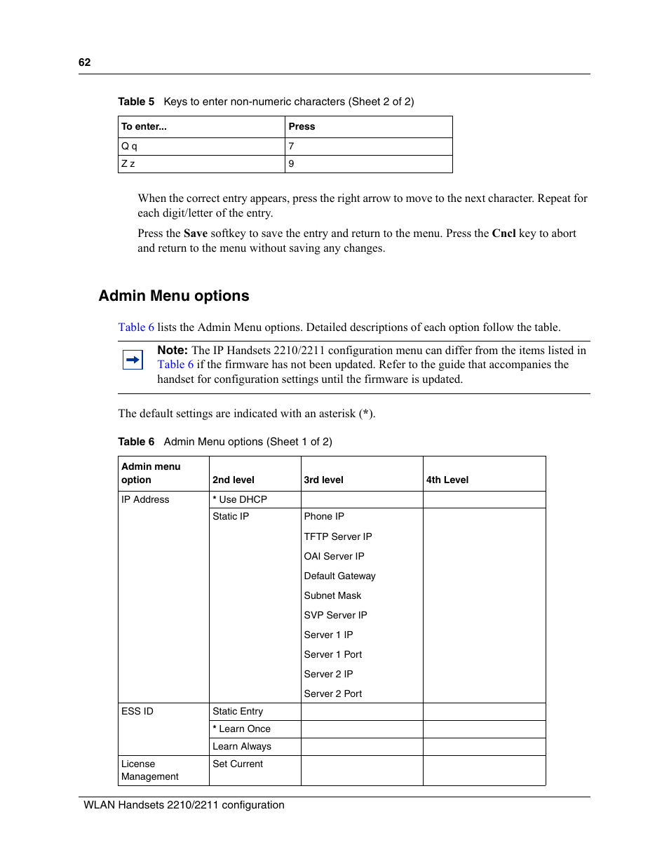 Admin menu options, Table 6 | Nortel Networks MOG6xx User Manual | Page 62 / 120