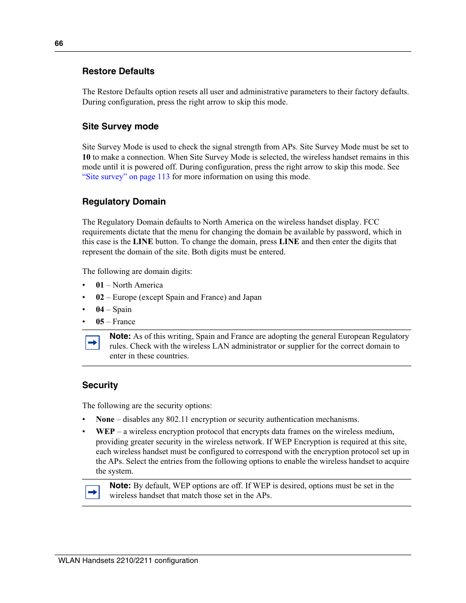 Restore defaults, Site survey mode, Regulatory domain | Security | Nortel Networks MOG6xx User Manual | Page 66 / 120
