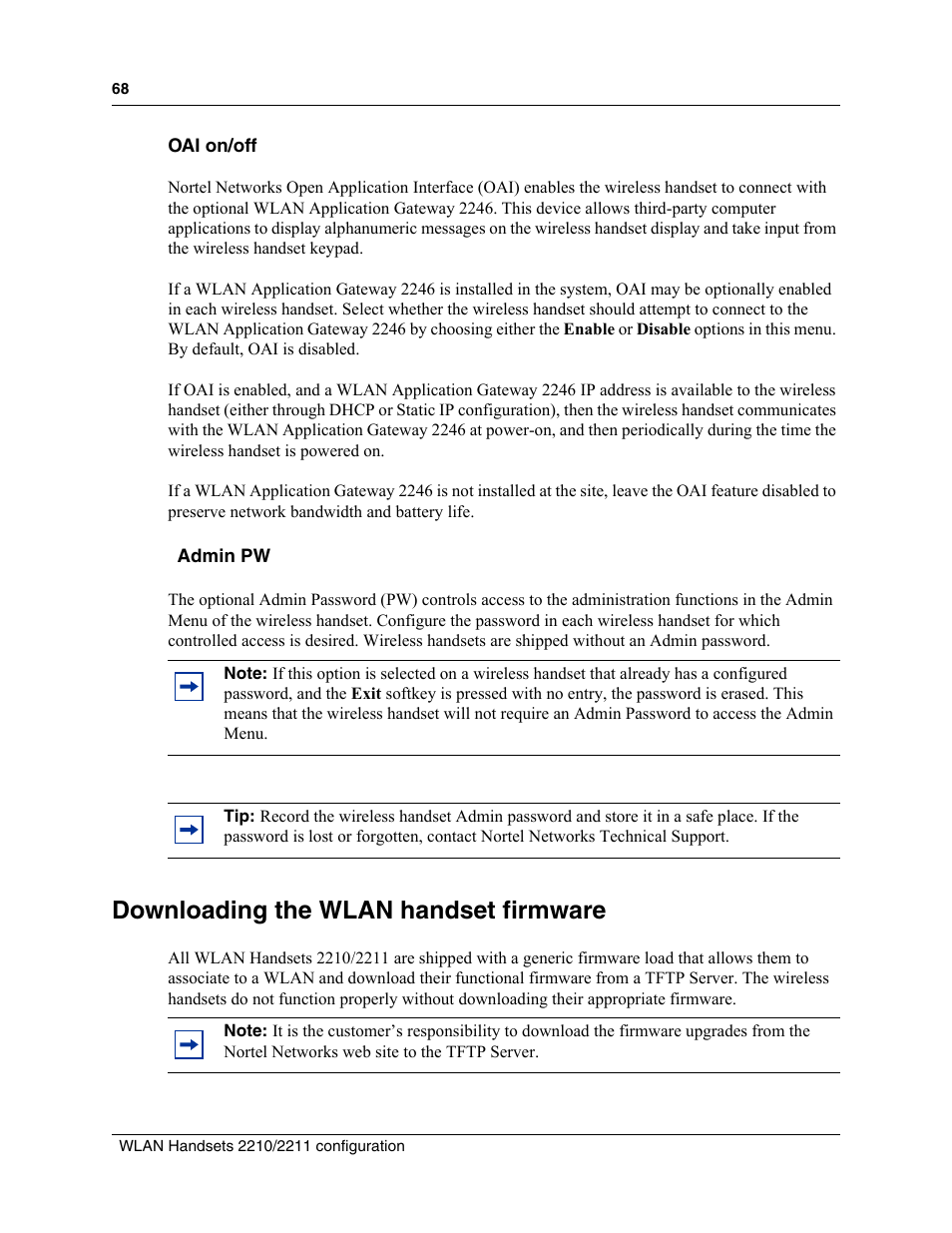 Oai on/off, Downloading the wlan handset firmware | Nortel Networks MOG6xx User Manual | Page 68 / 120