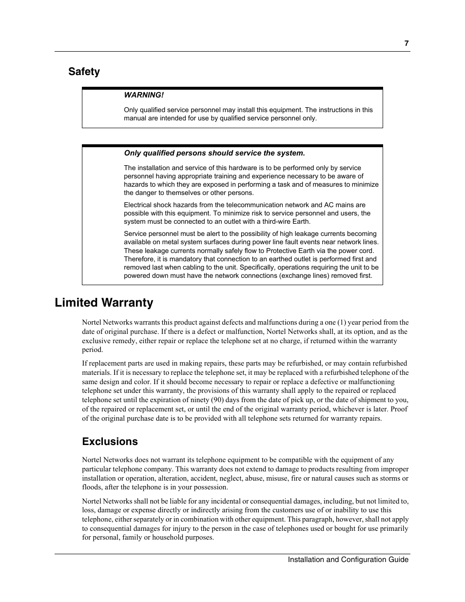 Safety, Limited warranty, Exclusions | Nortel Networks MOG6xx User Manual | Page 7 / 120