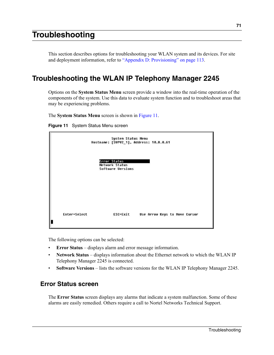 Troubleshooting, Troubleshooting the wlan ip telephony manager 2245, Error status screen | Figure 11, System status menu screen | Nortel Networks MOG6xx User Manual | Page 71 / 120