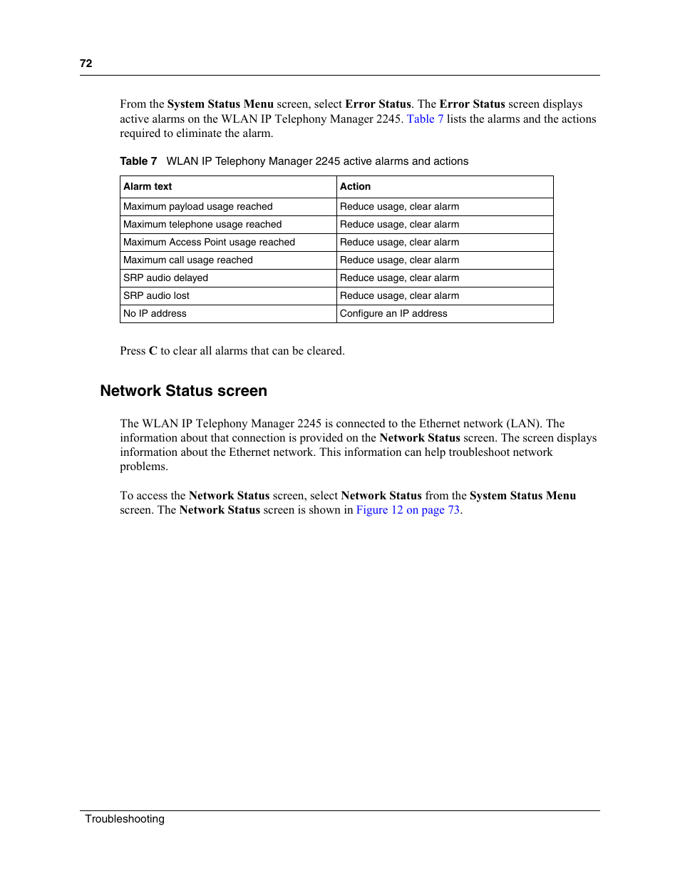 Network status screen, Table 7 | Nortel Networks MOG6xx User Manual | Page 72 / 120