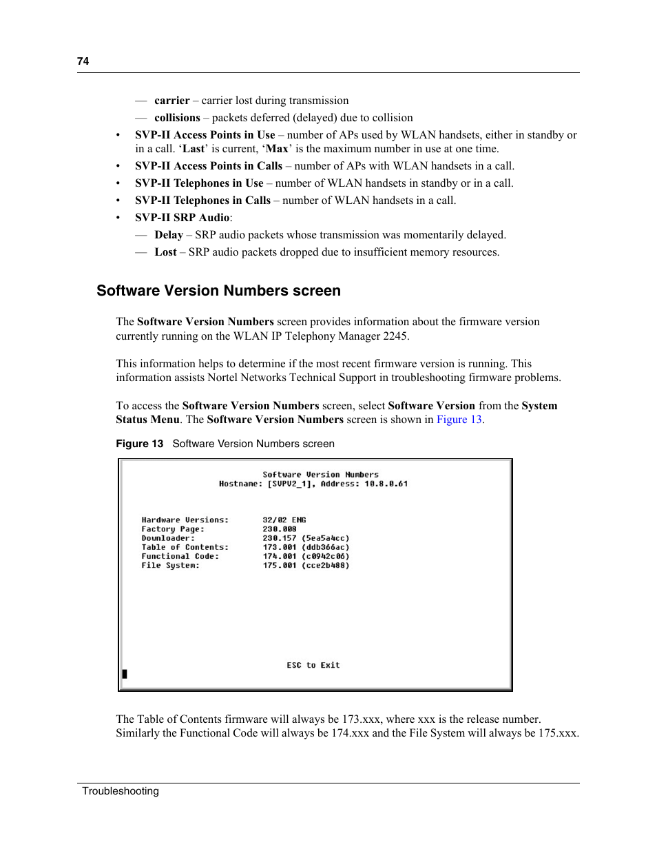 Software version numbers screen, Figure 13 | Nortel Networks MOG6xx User Manual | Page 74 / 120