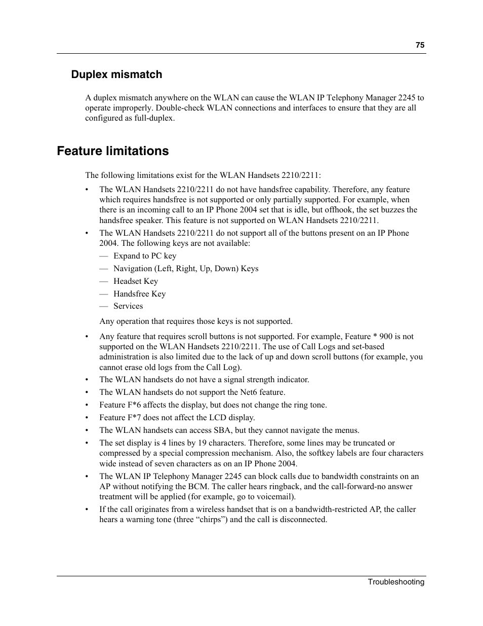 Duplex mismatch, Feature limitations | Nortel Networks MOG6xx User Manual | Page 75 / 120