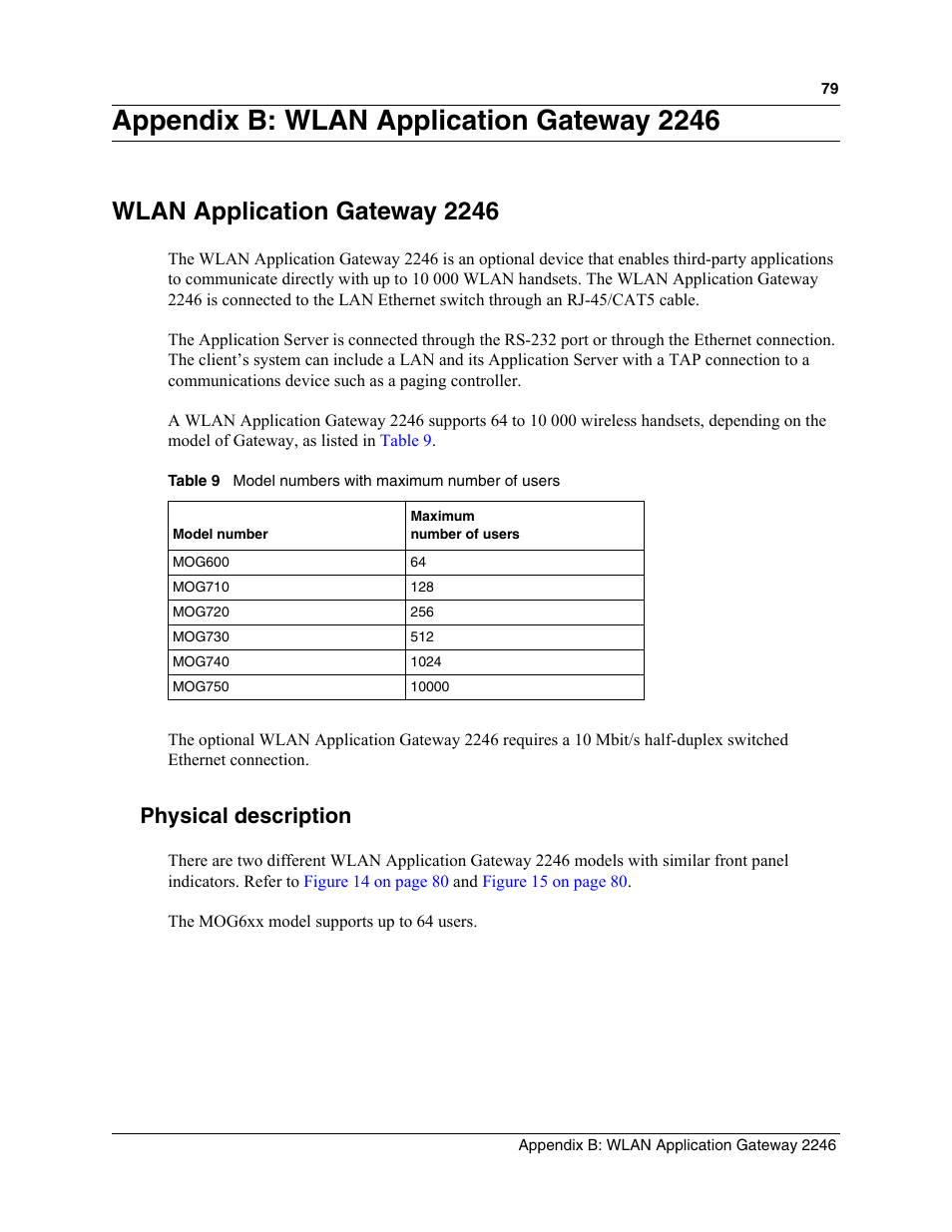 Appendix b: wlan application gateway 2246, Wlan application gateway 2246, Physical description | Table 9, Model numbers with maximum number of users | Nortel Networks MOG6xx User Manual | Page 79 / 120