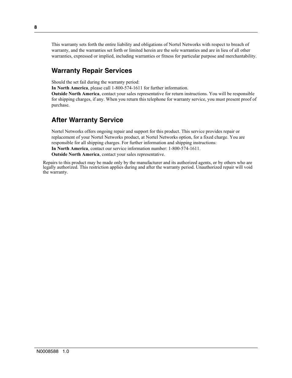 Warranty repair services, After warranty service | Nortel Networks MOG6xx User Manual | Page 8 / 120
