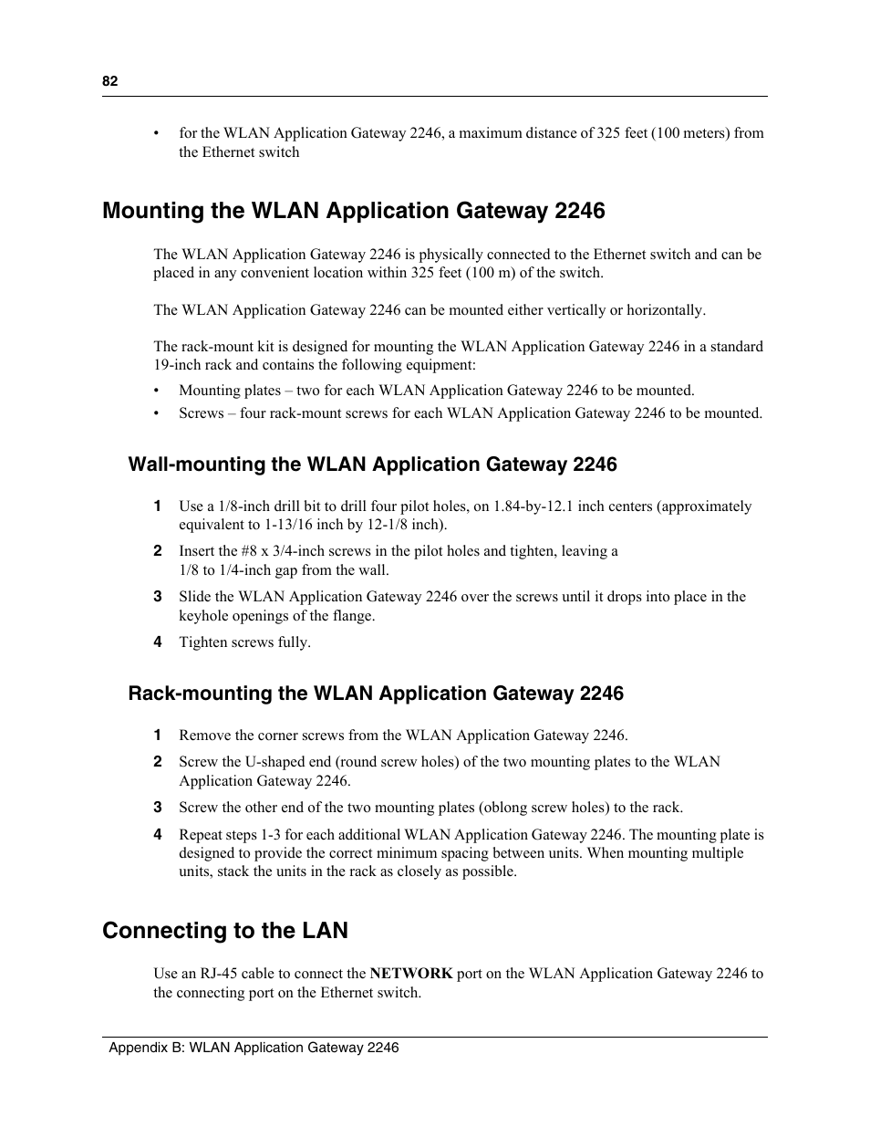 Mounting the wlan application gateway 2246, Wall-mounting the wlan application gateway 2246, Rack-mounting the wlan application gateway 2246 | Connecting to the lan, Lication gateway 2246, Mounting the wlan application gateway | Nortel Networks MOG6xx User Manual | Page 82 / 120
