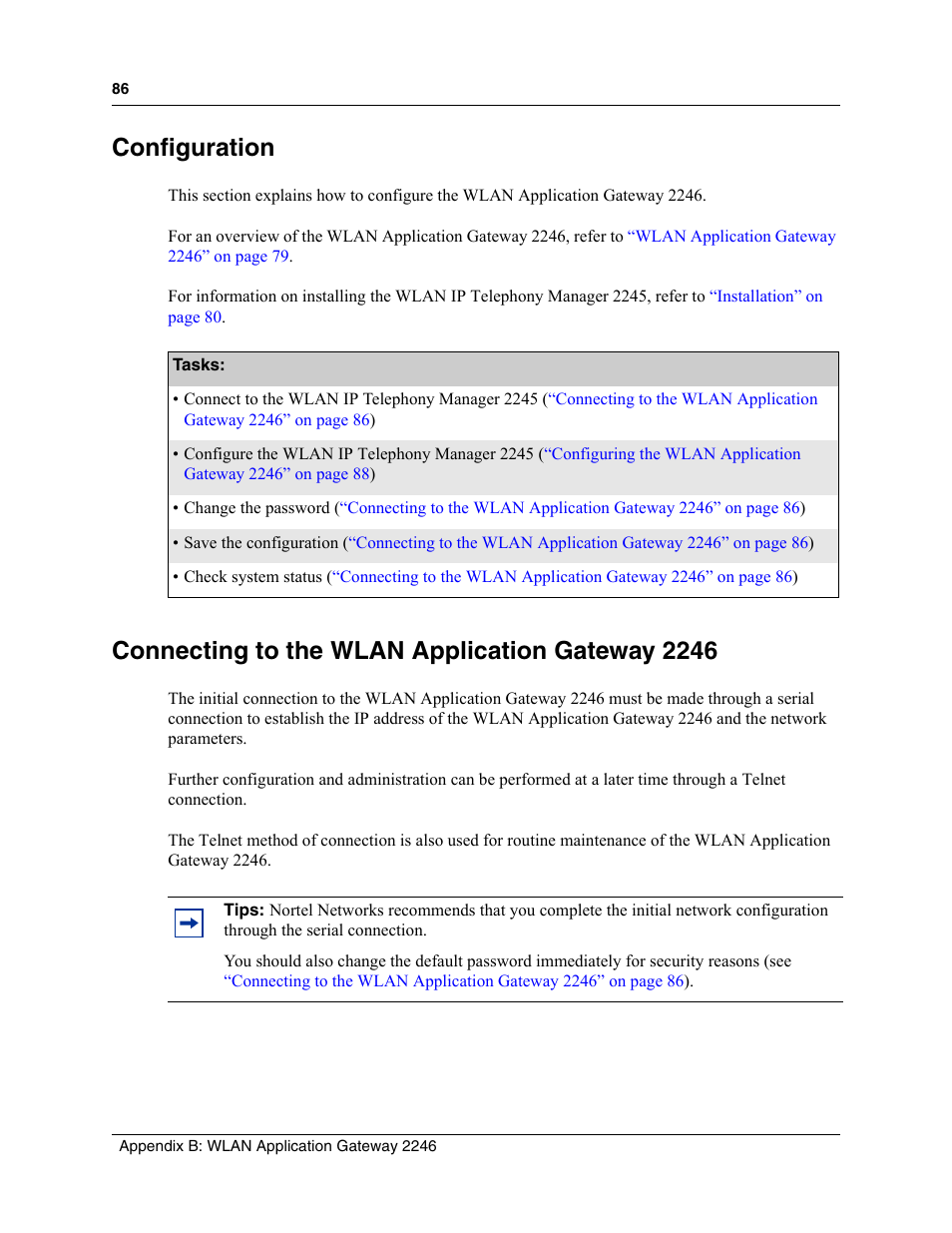 Configuration, Connecting to the wlan application gateway 2246 | Nortel Networks MOG6xx User Manual | Page 86 / 120