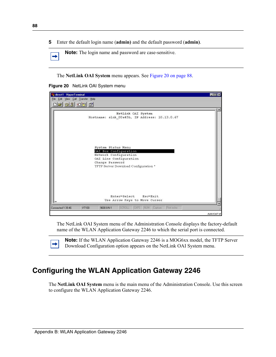 Configuring the wlan application gateway 2246, Figure 20, Netlink oai system menu | Configuring the wlan application | Nortel Networks MOG6xx User Manual | Page 88 / 120