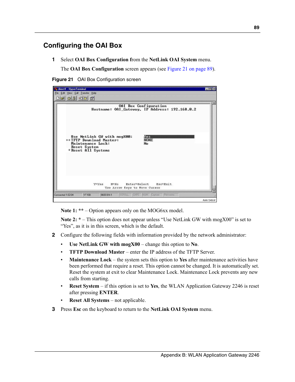 Configuring the oai box, Figure 21, Oai box configuration screen | Nortel Networks MOG6xx User Manual | Page 89 / 120