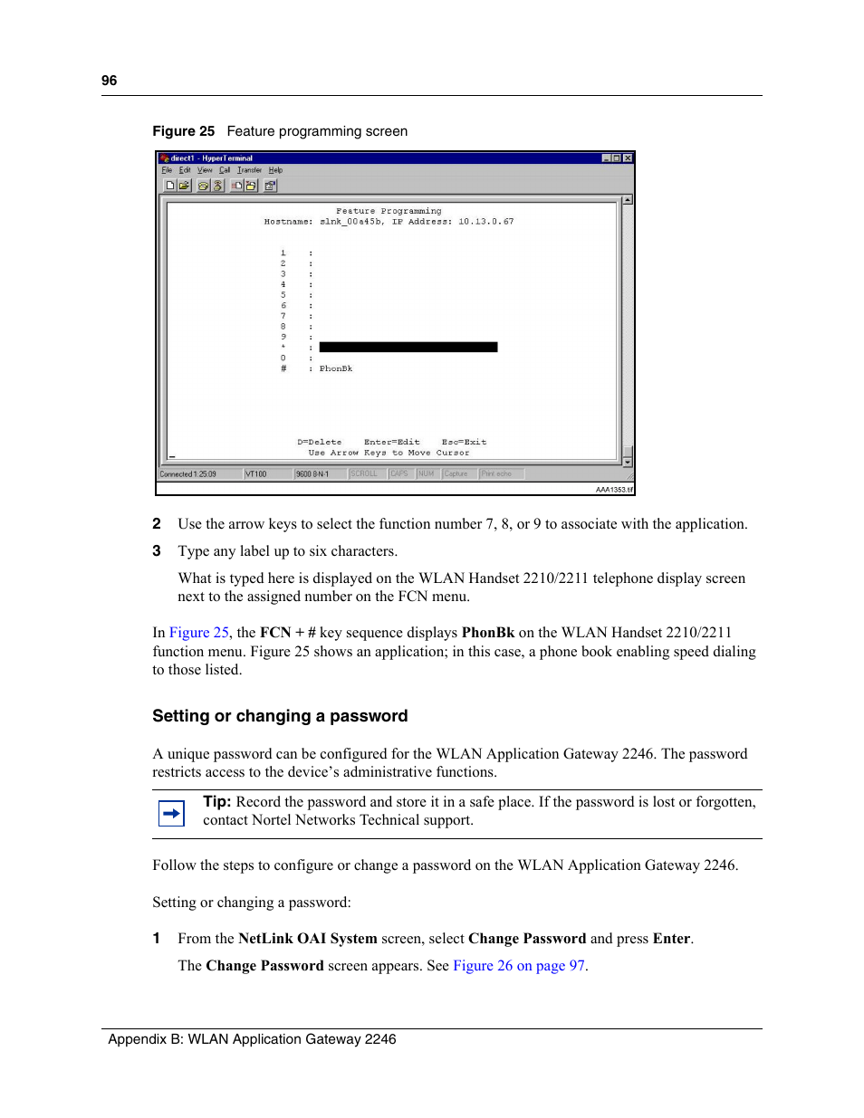 Setting or changing a password, Figure 25, Feature programming screen | Nortel Networks MOG6xx User Manual | Page 96 / 120