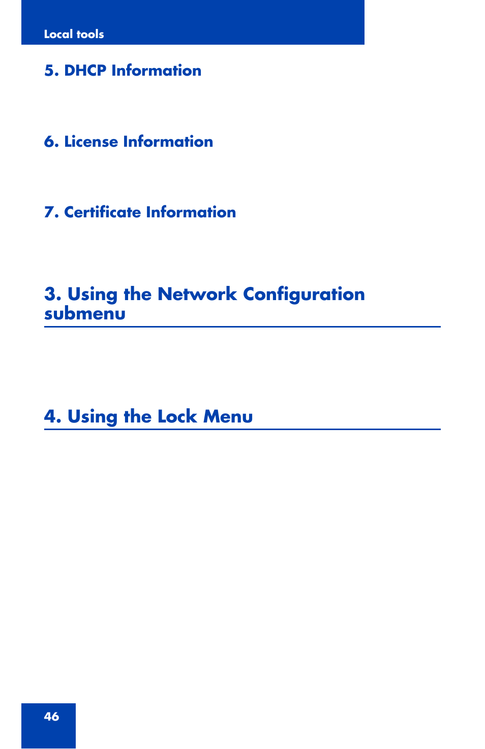 Dhcp information, License information, Certificate information | Using the network configuration submenu, Using the lock menu | Nortel Networks 1110 User Manual | Page 46 / 120