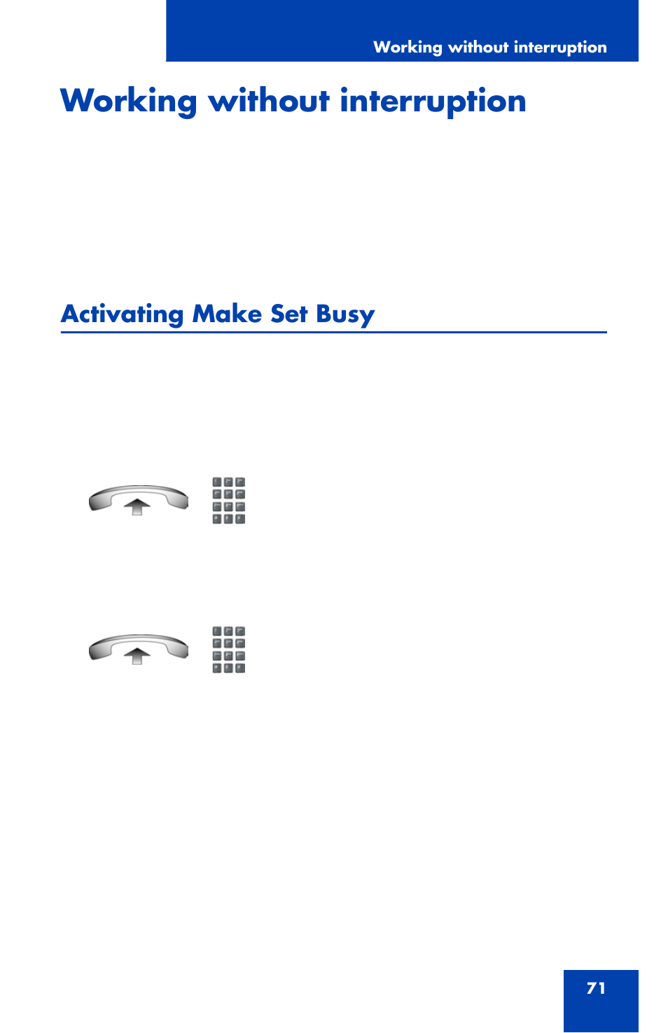 Working without interruption, Activating make set busy | Nortel Networks 1110 User Manual | Page 71 / 120