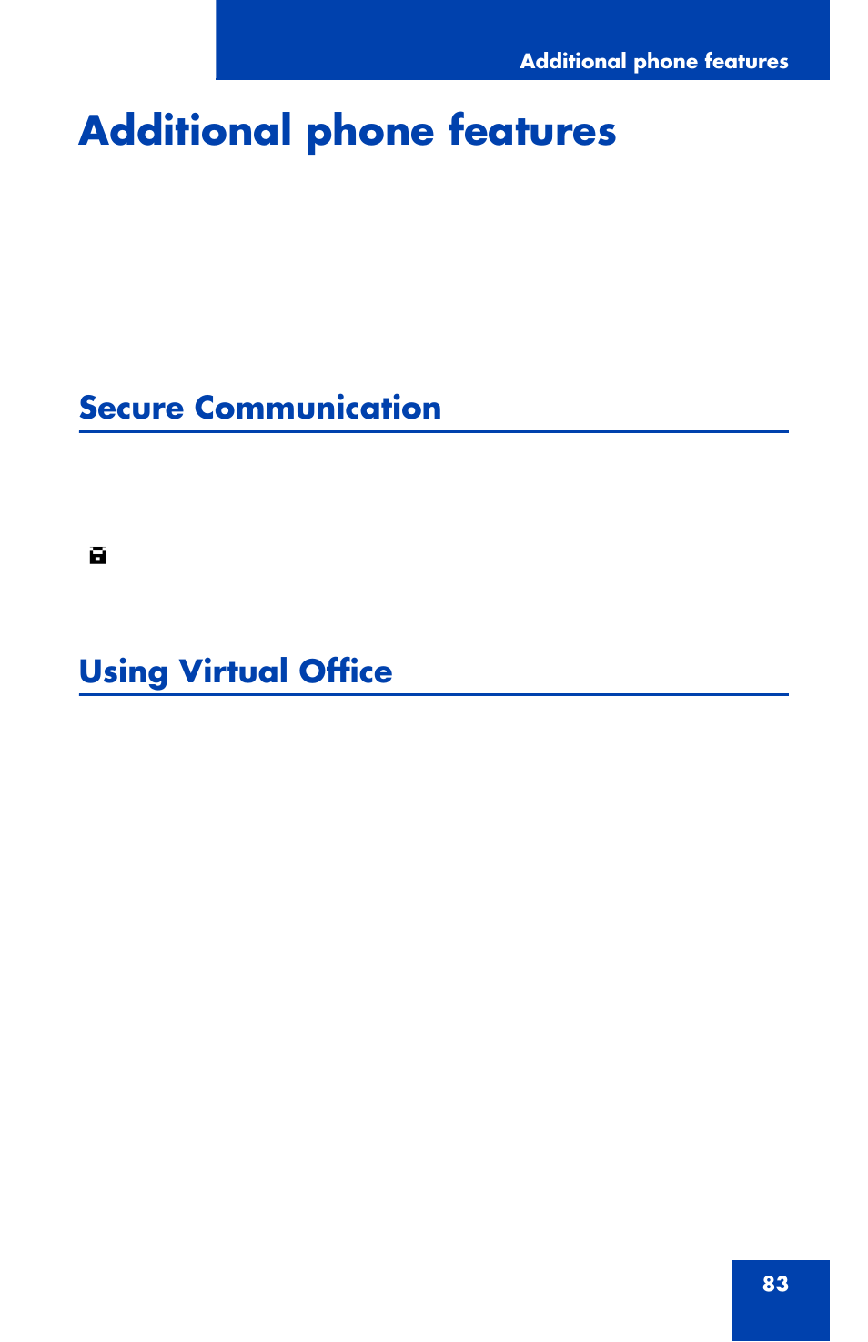 Additional phone features, Secure communication, Using virtual office | Nortel Networks 1110 User Manual | Page 83 / 120
