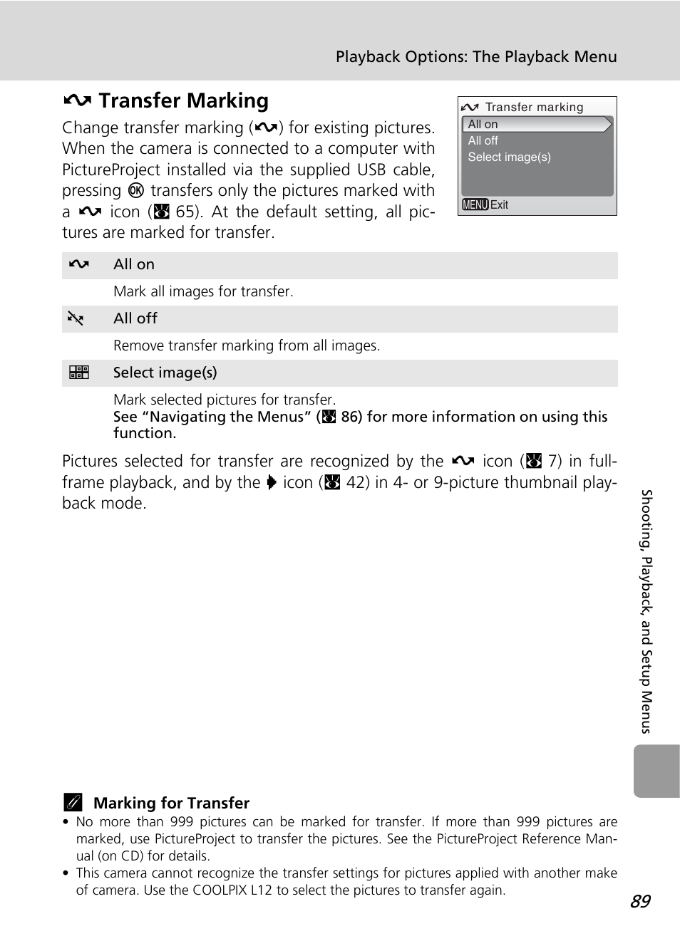 Transfer marking, E transfer marking | Nikon L12 User Manual | Page 101 / 144