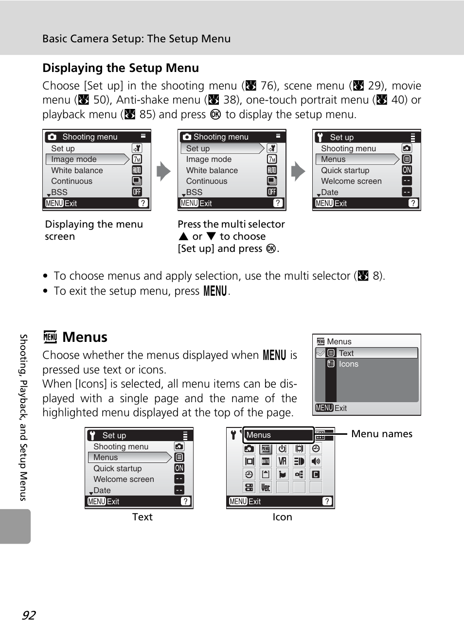 Menus, R menus, Displaying the setup menu | Basic camera setup: the setup menu | Nikon L12 User Manual | Page 104 / 144