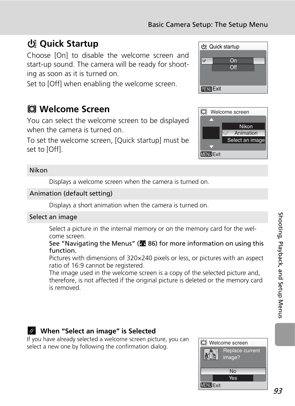 Quick startup, Welcome screen, H quick startup v welcome screen | H quick startup, V welcome screen | Nikon L12 User Manual | Page 105 / 144