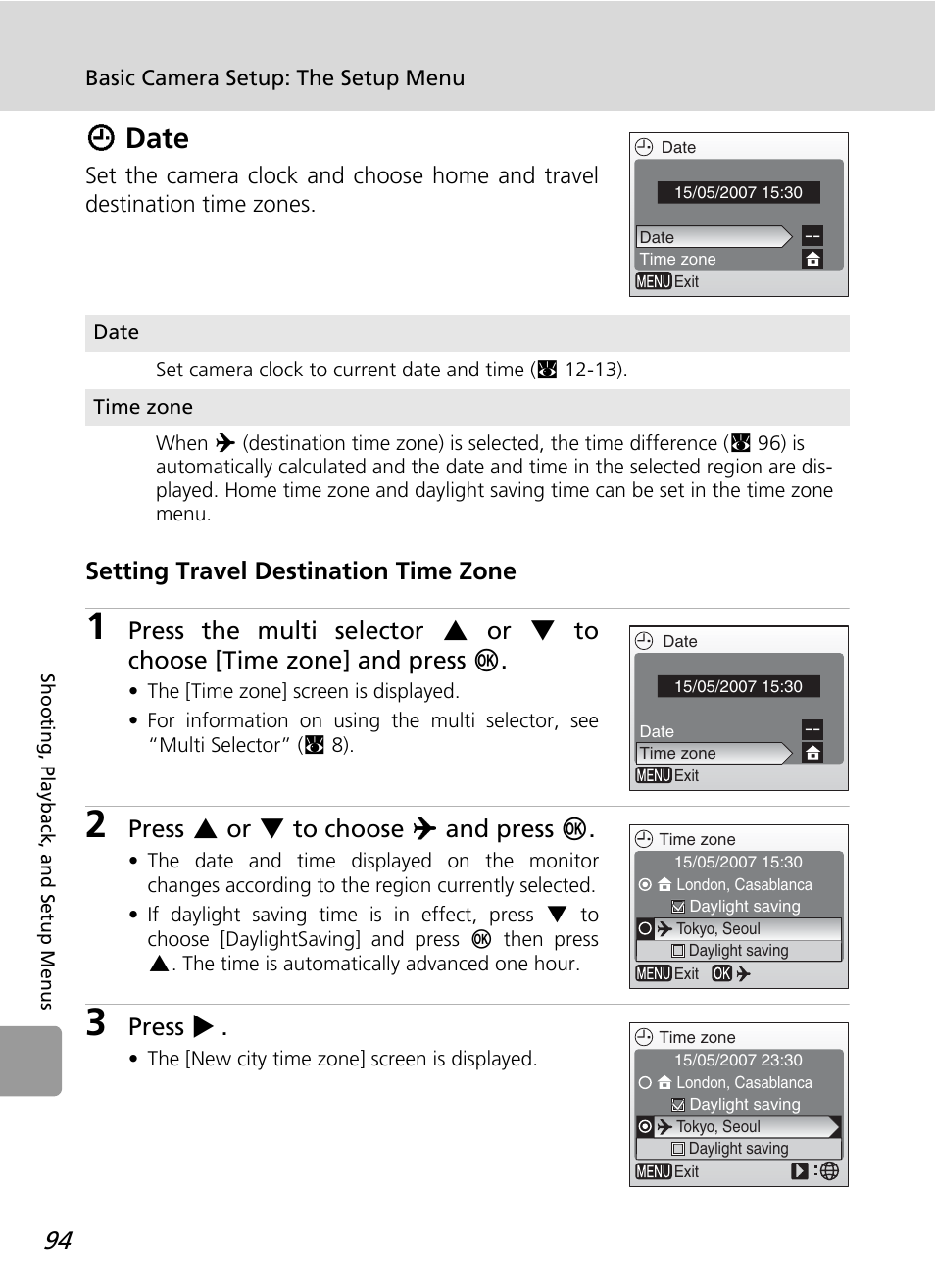 Date, W date, Setting travel destination time zone | Press g or h to choose y and press d, Press j | Nikon L12 User Manual | Page 106 / 144