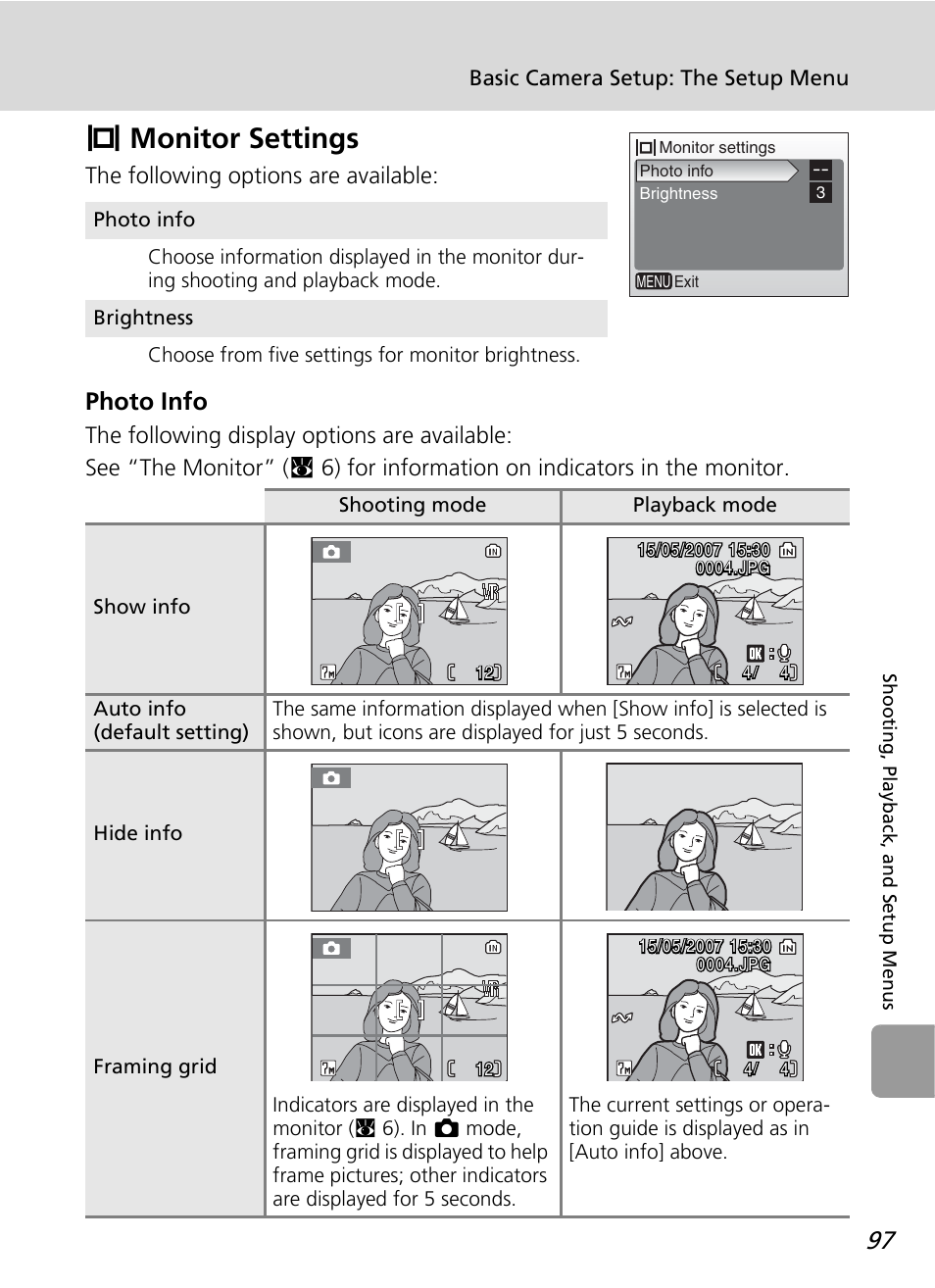 Monitor settings, Z monitor settings, Photo info | The following options are available | Nikon L12 User Manual | Page 109 / 144