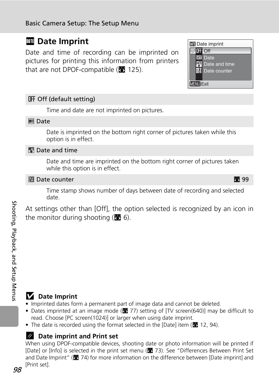 Date imprint, F date imprint | Nikon L12 User Manual | Page 110 / 144