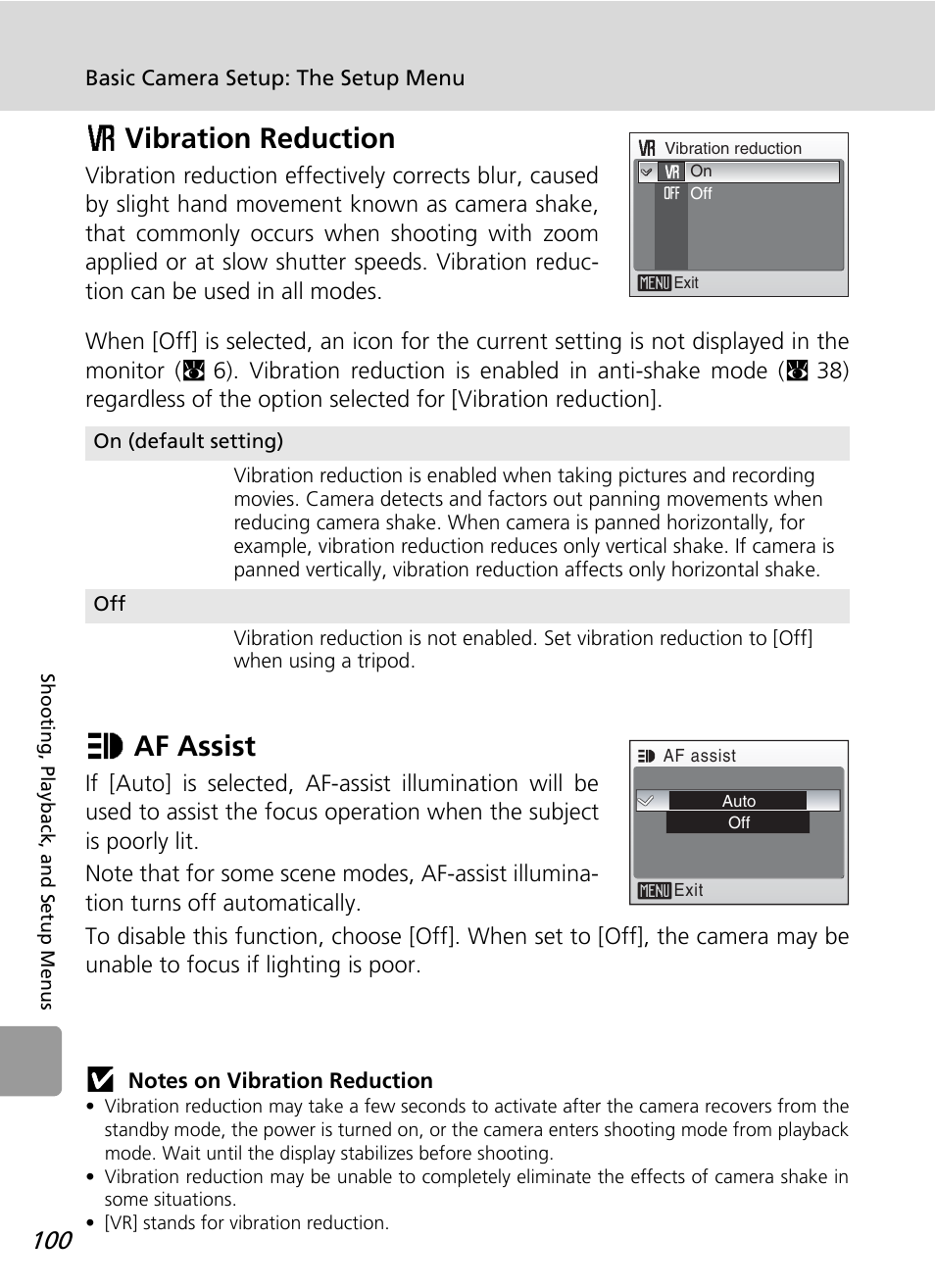 Vibration reduction, Af assist, B vibration reduction u af assist | B vibration reduction, U af assist | Nikon L12 User Manual | Page 112 / 144