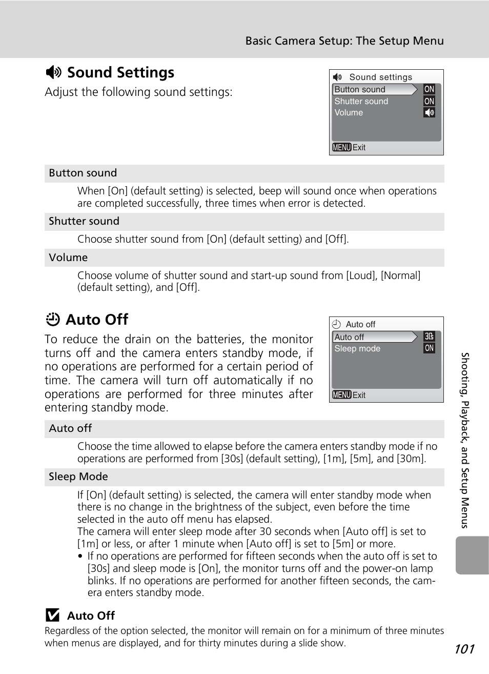 Sound settings, Auto off, H sound settings i auto off | H sound settings, I auto off | Nikon L12 User Manual | Page 113 / 144