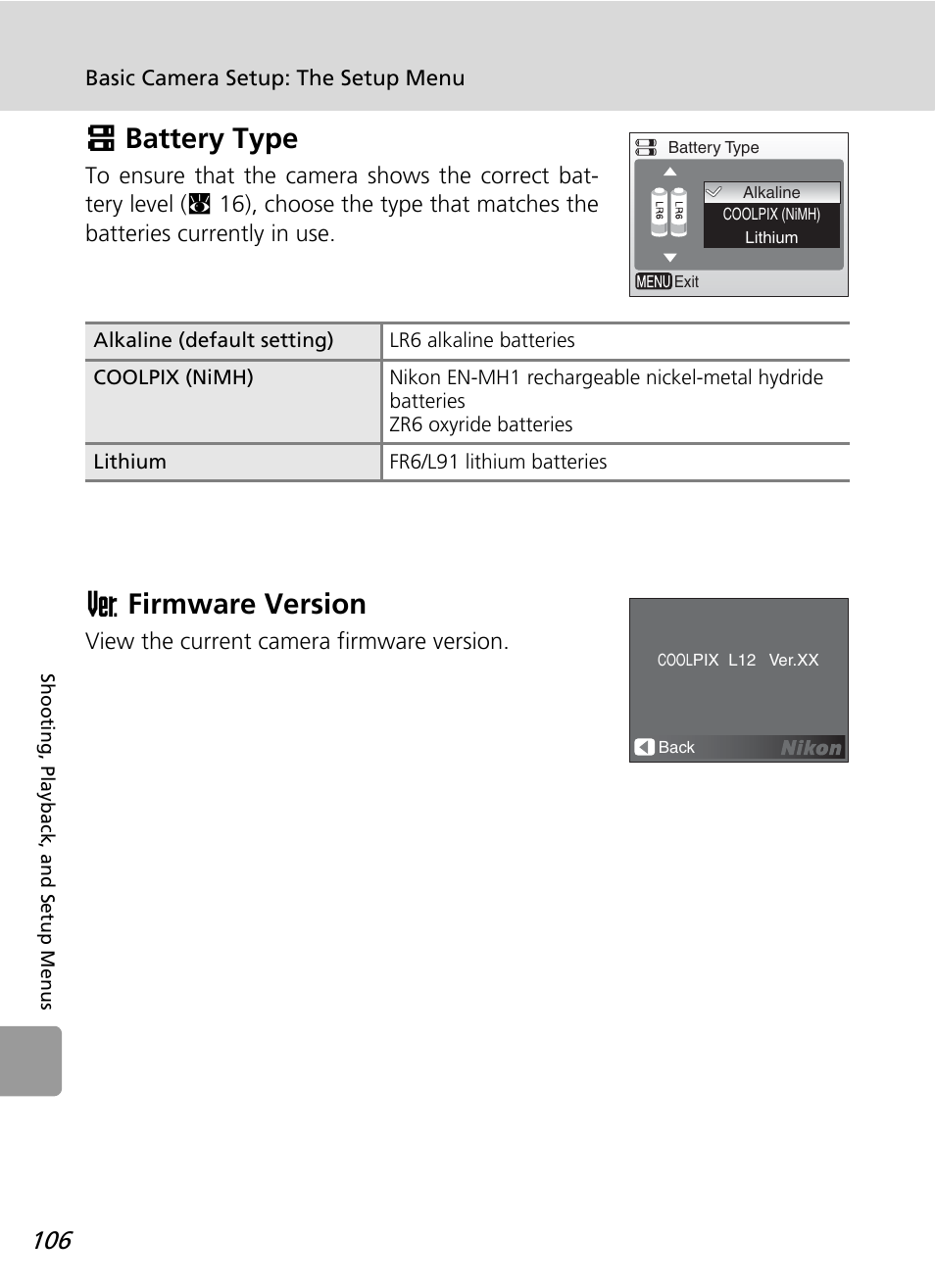 Battery type, Firmware version, G battery type b firmware version | G battery type, B firmware version | Nikon L12 User Manual | Page 118 / 144