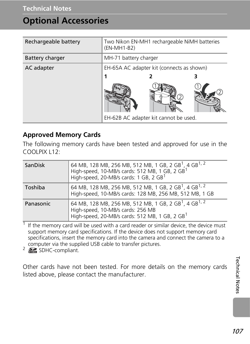 Technical notes, Optional accessories | Nikon L12 User Manual | Page 119 / 144