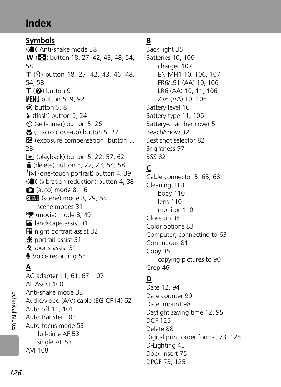 Index | Nikon L12 User Manual | Page 138 / 144