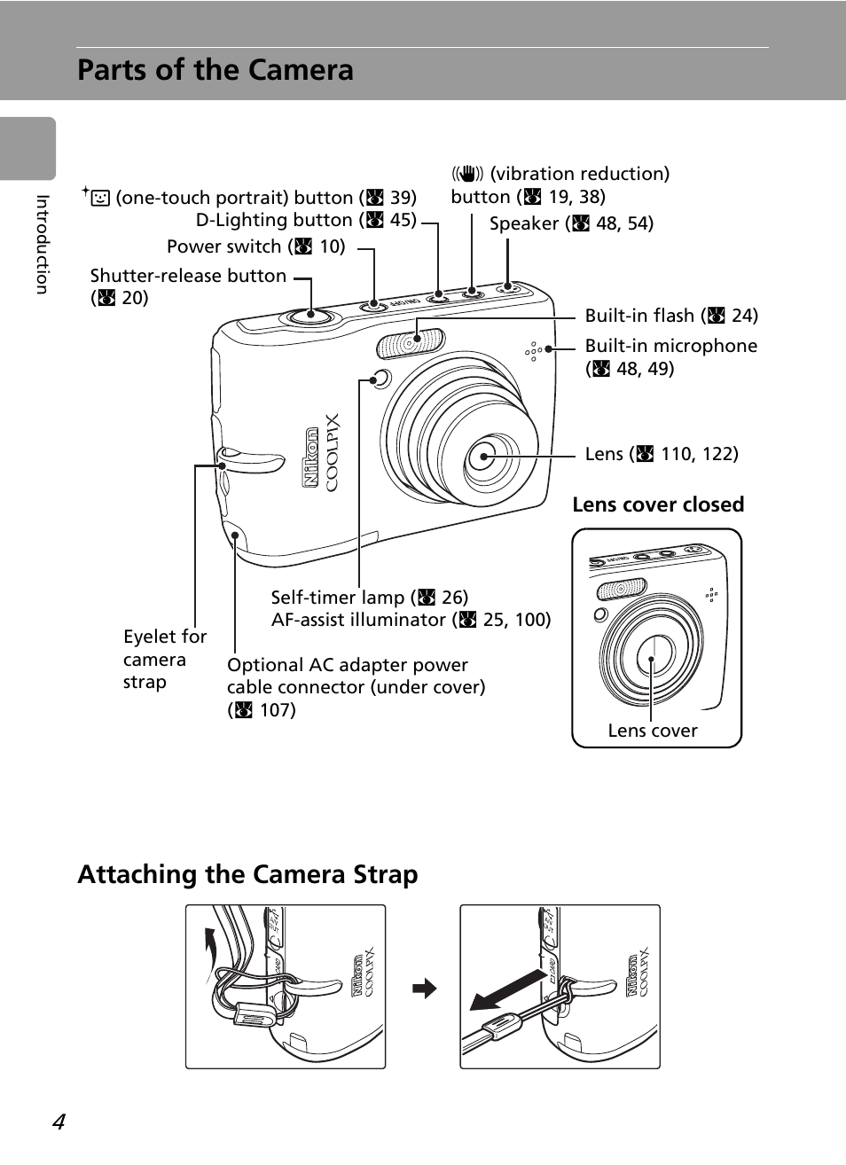 Parts of the camera, Attaching the camera strap | Nikon L12 User Manual | Page 16 / 144