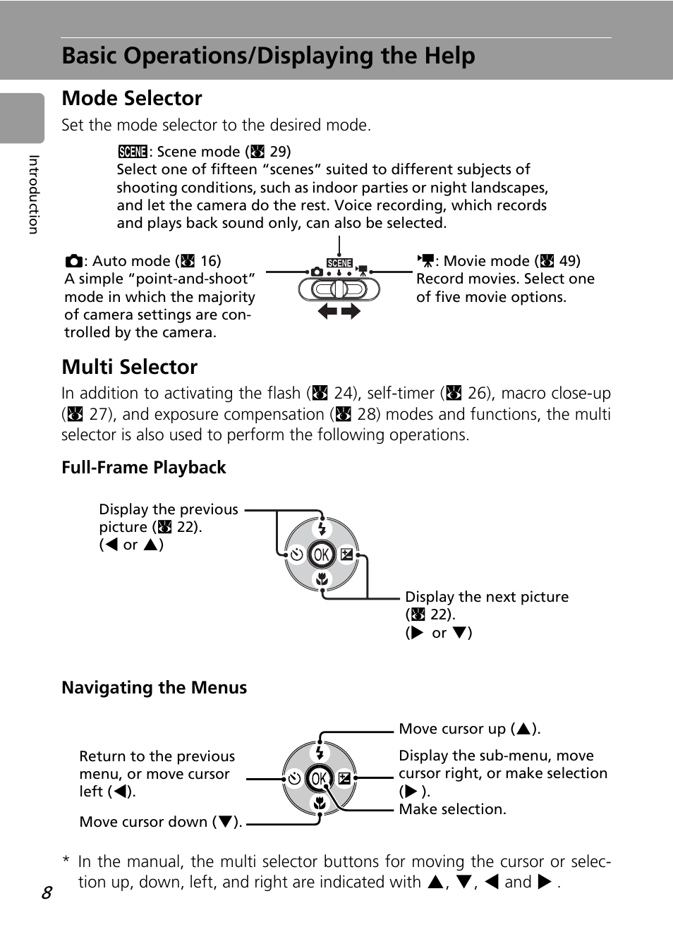 Basic operations/displaying the help, Mode selector, Multi selector | Mode selector multi selector | Nikon L12 User Manual | Page 20 / 144